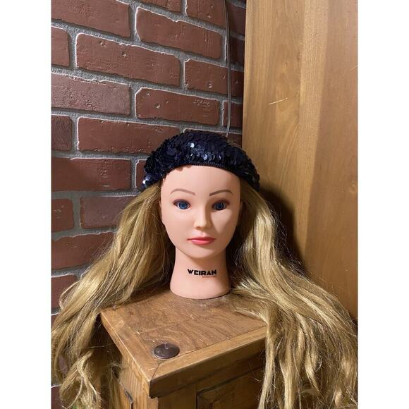 Black Sequin Vintage Beret Beanie Hat One Size Stretchy 1920s Gatsby Flapper - Picture 2 of 8